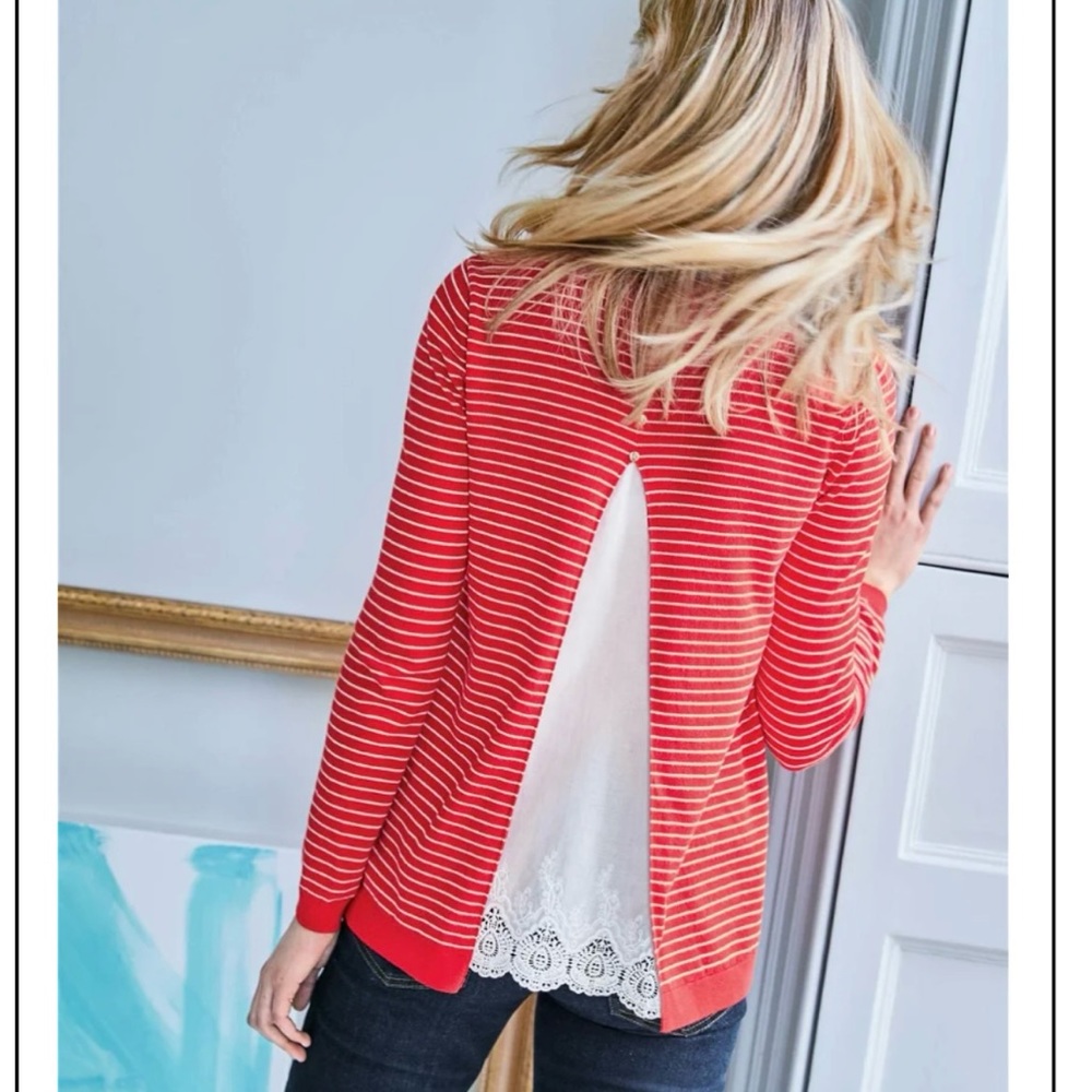 Boden Serena Red White Striped Split Back Preppy Sweater - Size Small